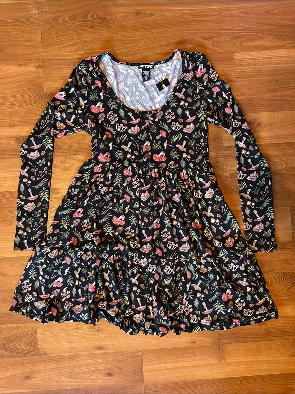 Hot Topic Black Floral & Mushroom Tiered Long-Sleeve Dress